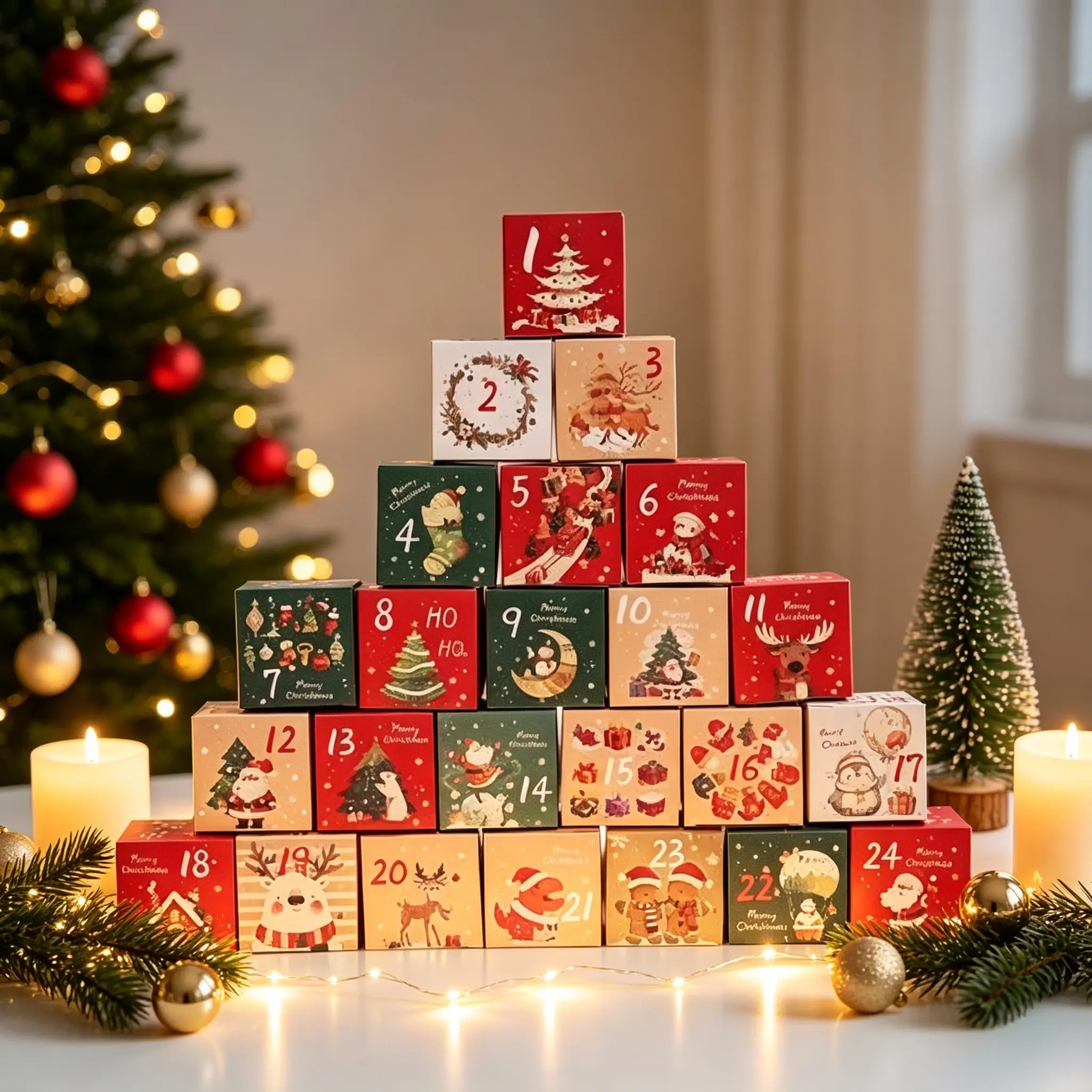 New Christmas Advent Calendar 7cm Square Empty Boxes, Numbered 1-24 Candy Packaging Boxes, Holiday Countdown Gift Box for Chocolate, Cookies, DIY Xmas Party Treat Storage Wrapping Box