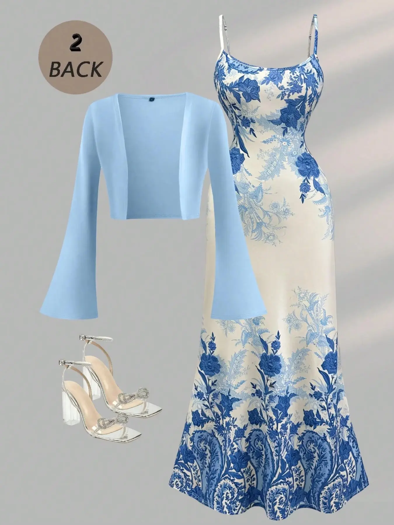 Women's Elegant Solid Color Bell Sleeve Knit Cardigan + Slim Fit Floral Dress, Two-Piece Set, Stylish for Daily Wear