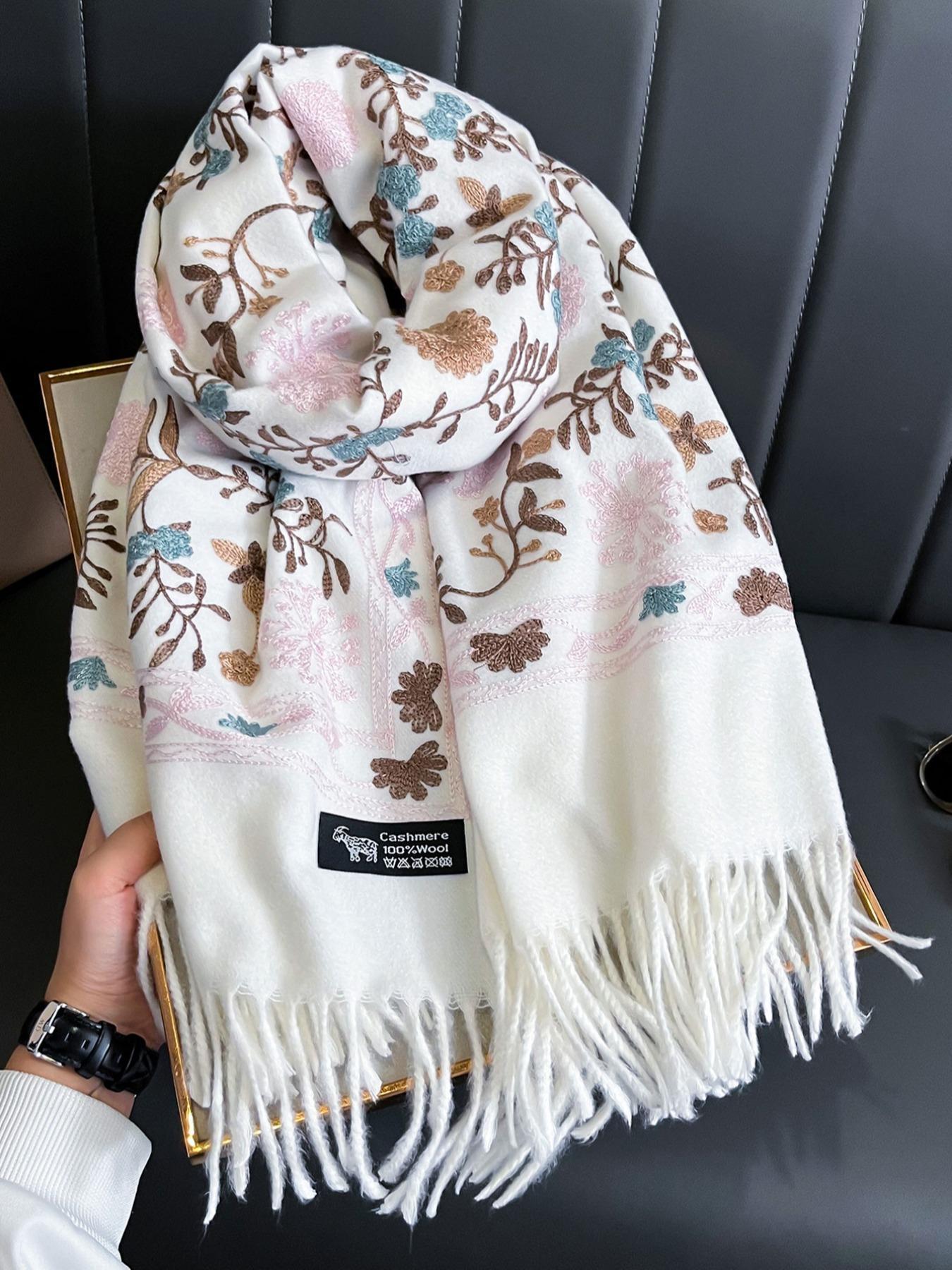 Boho Style Plant Embroidery Double Sided Scarf, Casual Soft Warm Fringe Trim Floral Embroidered Shawl for Women & Men, Fashion Accessories for Daily Wear