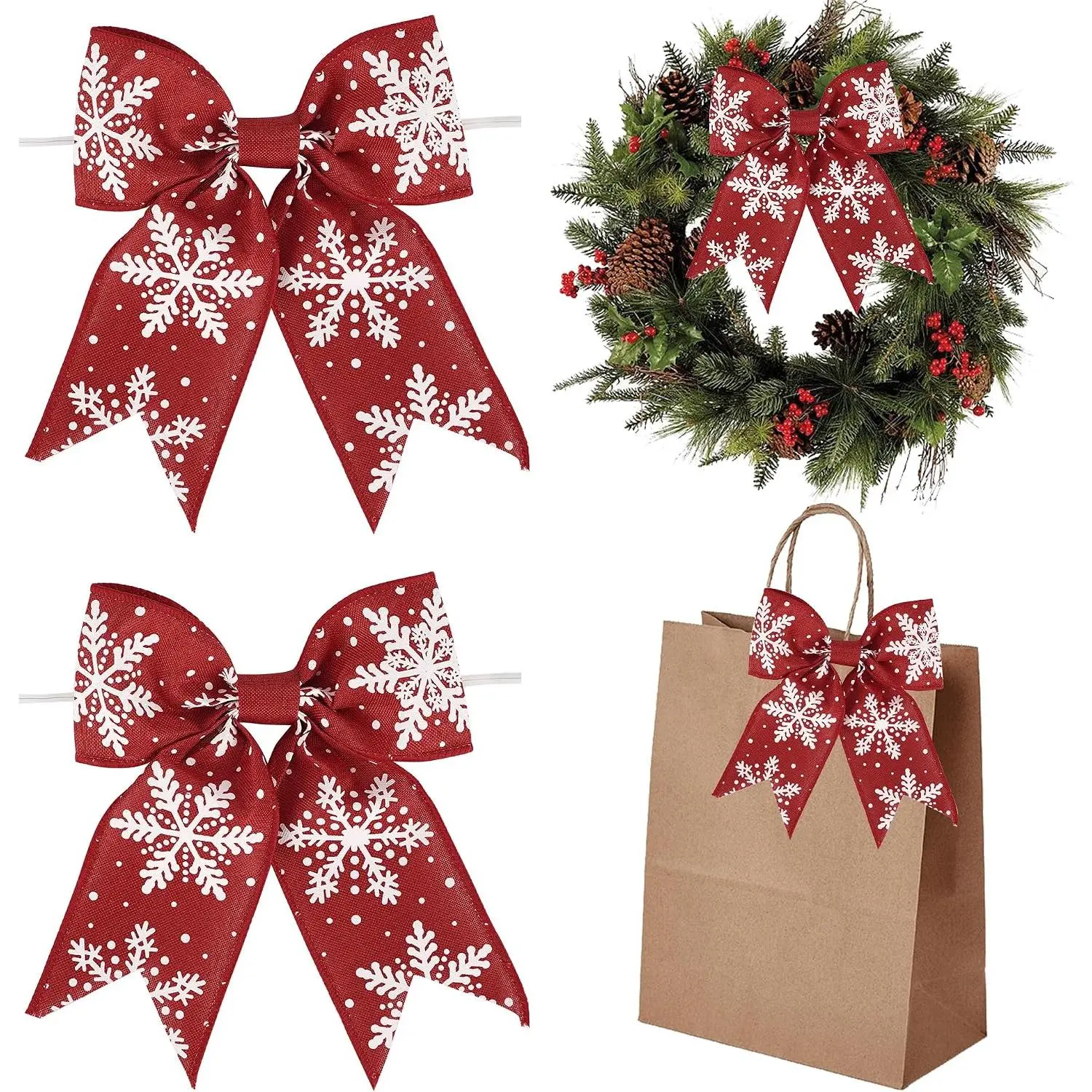 Red Christmas Bows for Wreaths 6" Xmas Snowflake Bows Burlap Bow for Christmas Trees Twist Tie Bows for  Wrapping Crafts Fireplaces Presents Winter  Year Decor, 12 count