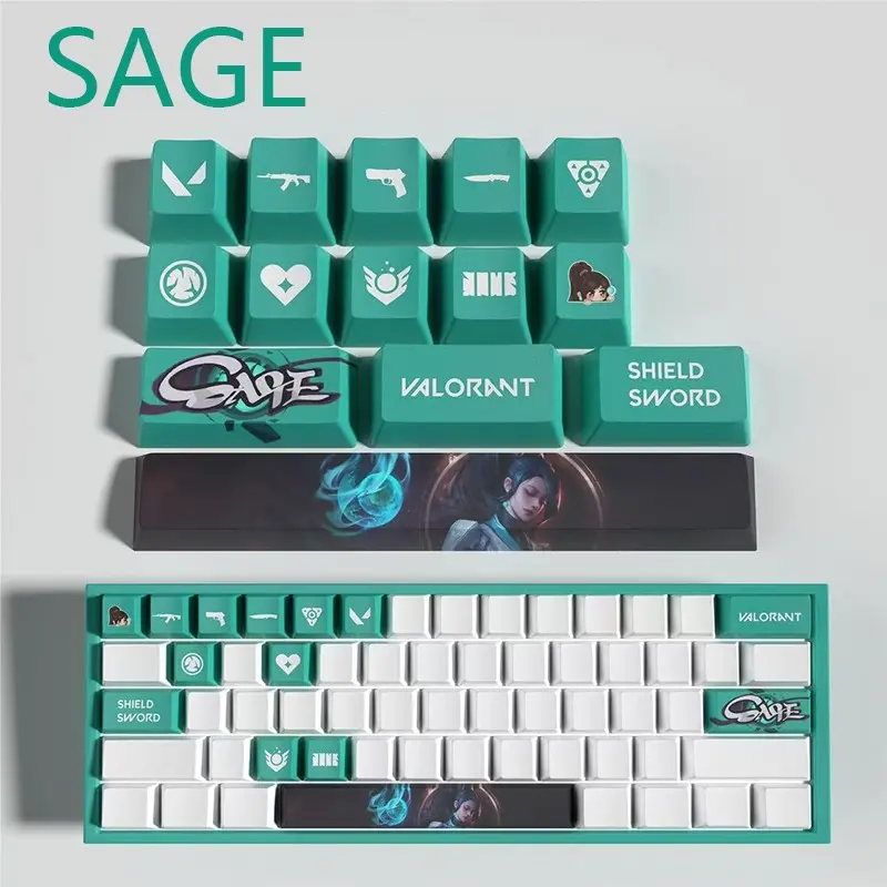 Valorant Theme Agent Sage 14-Key Pbt Keycaps Set, Five-Sided Heat Transfer, Durable & Comfortable, Perfect for Gaming