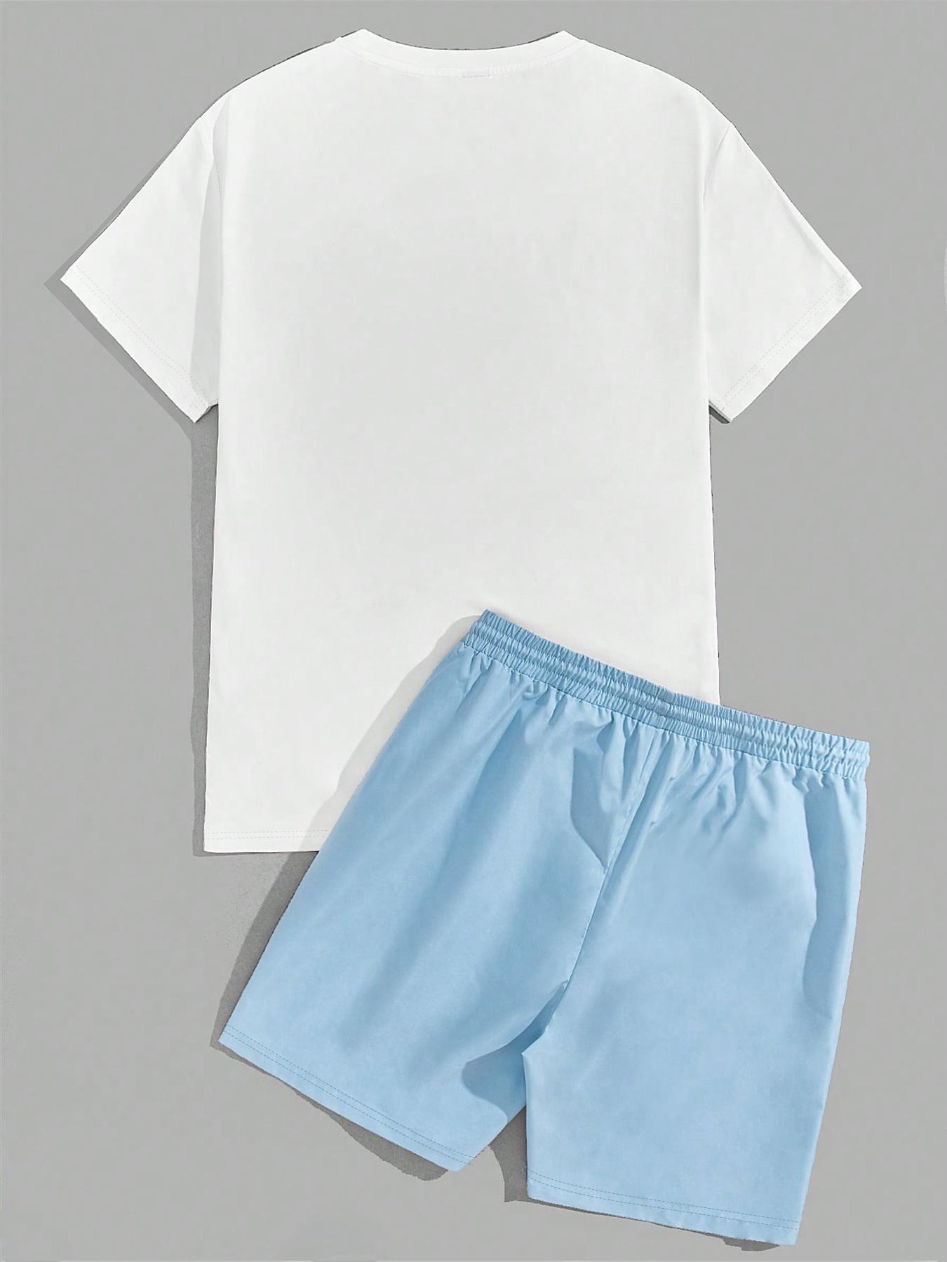 Two-Piece Set Men's Cartoon Bear & Letter Graphic Print Short Sleeve Tee & Shorts Set, Regular Fit Casual Round Neck T-shirt & Track Shorts, Summer Clothes Set for Men