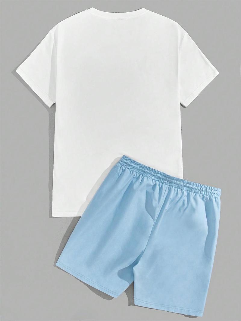 Two-Piece Set Men's Cartoon Bear & Letter Print Short Sleeve Tee & Shorts Set, Regular Fit Casual Round Neck T-shirt & Track Shorts, Summer Clothes Set for Men