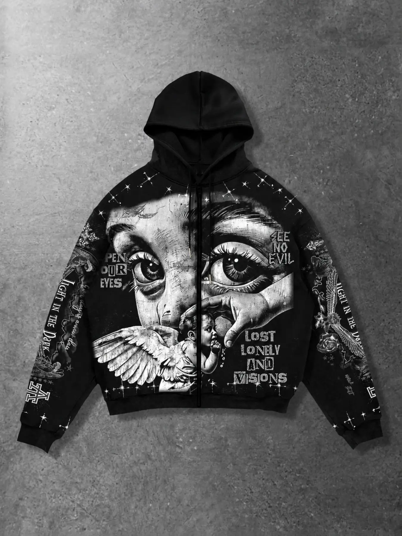 Aesthetic Oversized Zip-Up Hoodie Full Print Vintage Gothic Angel Streetwear Unisex Heavyweight Sweatshirt Jacket Outerwear for Autumn Winter Night Out