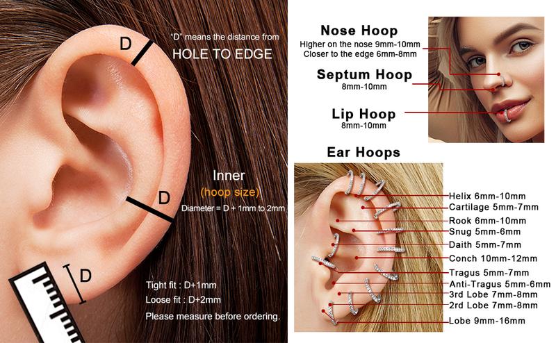 MILACOLATO G23 Titanium CZ Nose Rings Hoop for Women 18G 16G Clicker Hinged Segment Septum Lip Rings Tragus Conch Helix Cartilage Rook Daith Earrings Hoop Piercing Jewelry Diameter 6mm 8mm 10mm Silver Gold