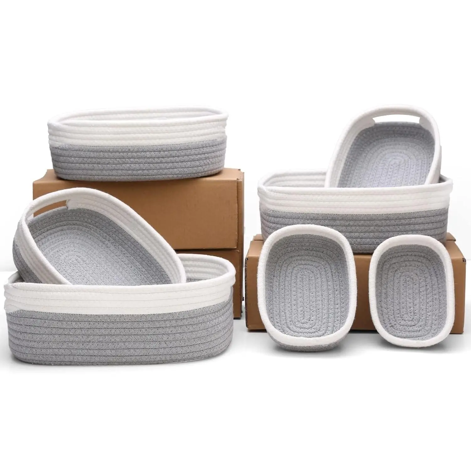 7 Piece Cotton Rope Woven Basket Set - Small Storage Baskets for Baby Nursery, Pets, Montessori, Dog & Cat Toy Storage, Bathroom Organization Bins (White/Gray)