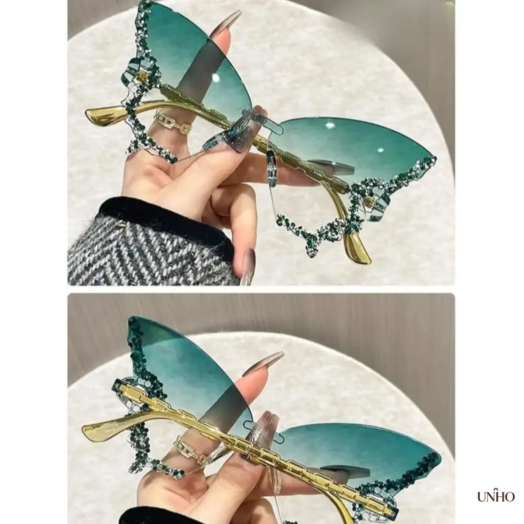 2026 New Rimless Butterfly Sunglasses For Women, Rhinestone Diamond Trimmed Gradient UV Protection Lenses, Lightweight Retro Eyewear Stylish Accessory For Daily Wear, Summer Parties, Festivals & Special Occasions Capitalization Rule: Nouns, adjectives, se