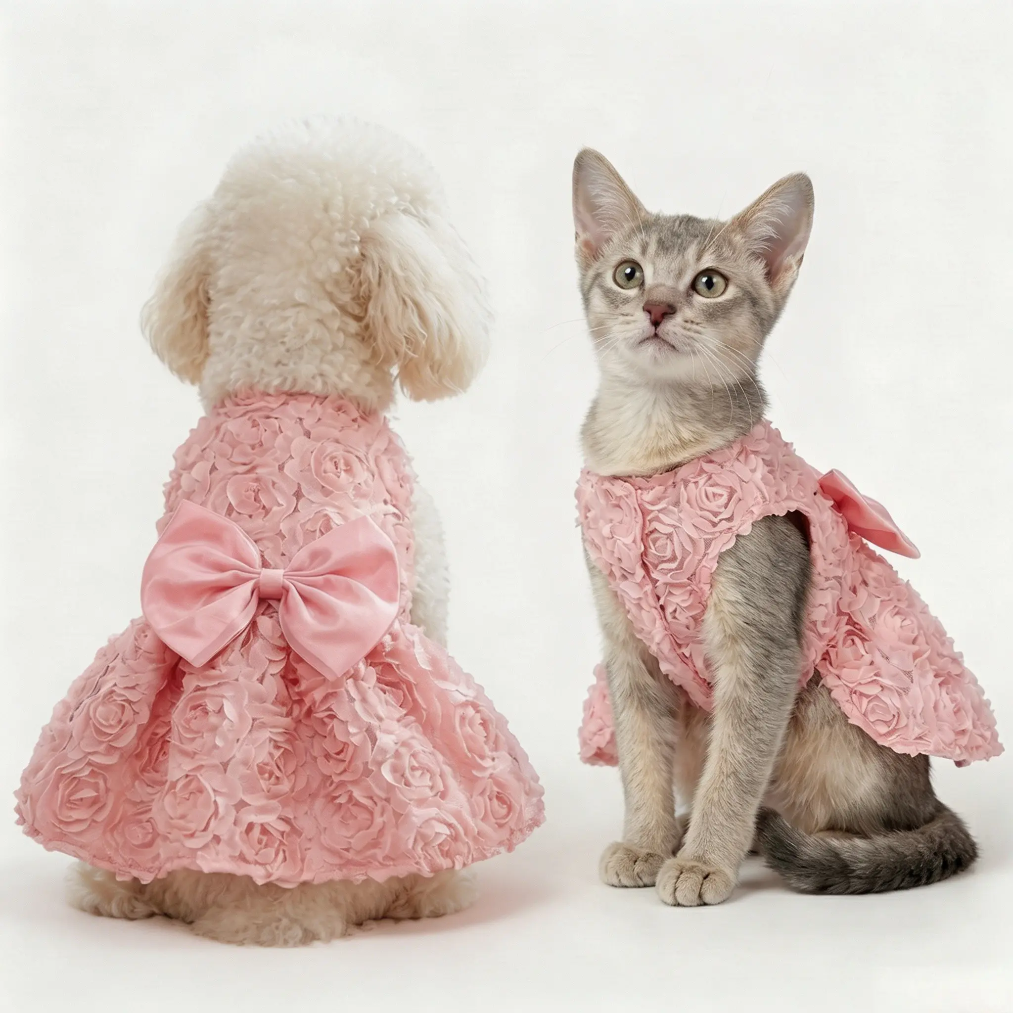 3D Rose Flower Pet Dress with Delicate Bow, Ideal for Poodle, Puppy Clothes, Small to Medium Dogs and Cats, Perfect for Daily Wear and Parties