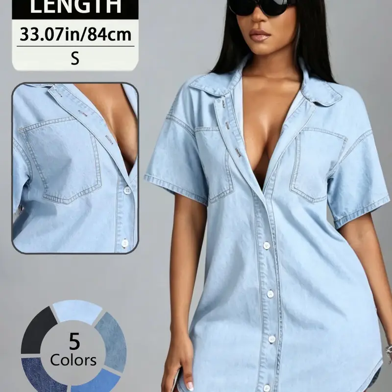 Elegant Summer Women's Lapel Short Sleeve Slim Fit Button Collared Dress, Single Button Denim Shirt Mini Skirt, Stylish Casual Wear