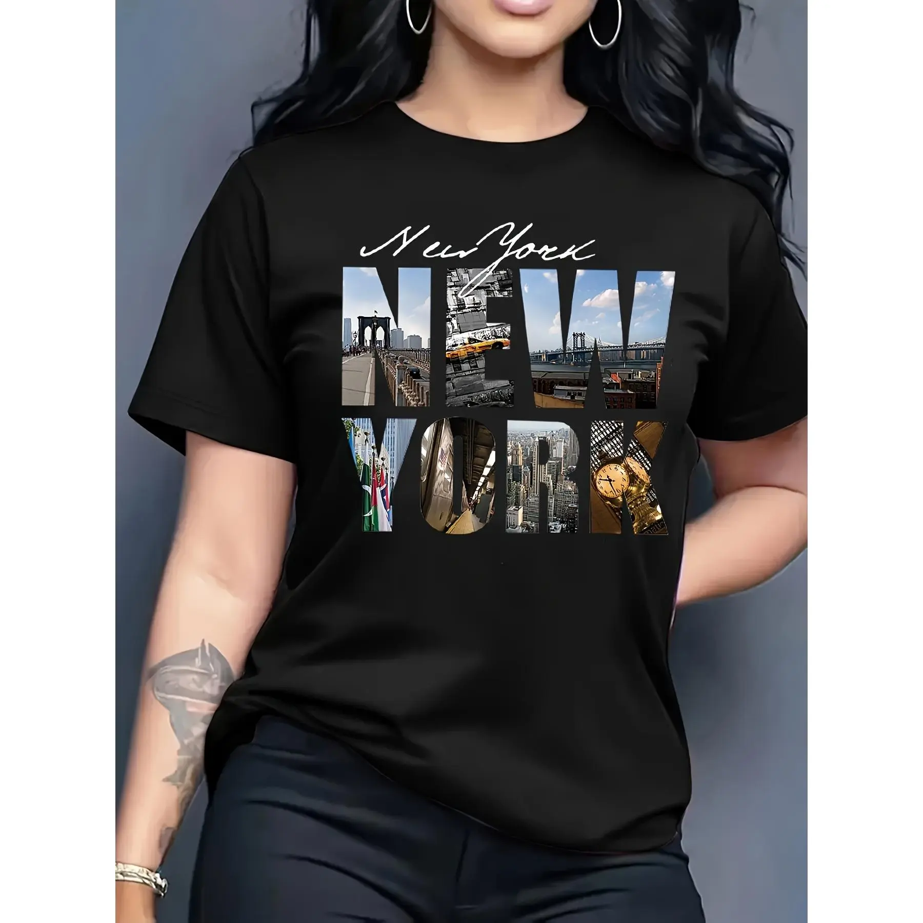 Women's "1976 New York" Graphic Short Sleeve T-Shirt Top - Casual Crew Neck Applique Detail All-Season Vacation Wear, Machine Washable