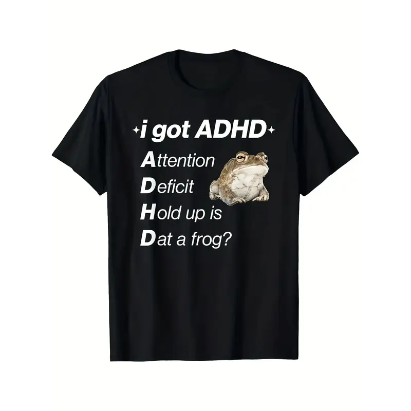 I Got ADHD Attention Deficit Hold Up Is Dat A Frogtshirt - Funny Black T-Shirt for Adults, Casual Crew Neck, All-Season Wear, Humorous ADHD Awareness Clothing Playful Graphic Tee Durable C, Parties, Beach & Sports