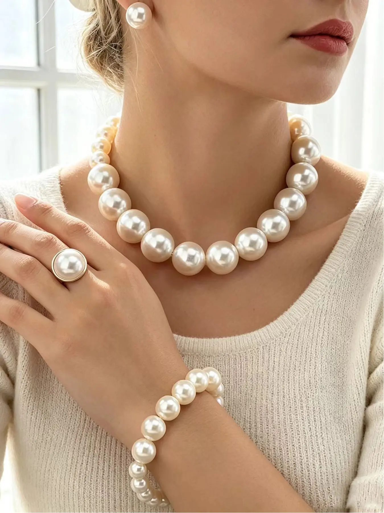 5 Piece Bridal Jewelry Complete Set, Wedding Ensemble, Imitation Pearl Vintage Charm Luxury French Style Wedding Accessories, Earrings Bracelet Necklace Ring Set