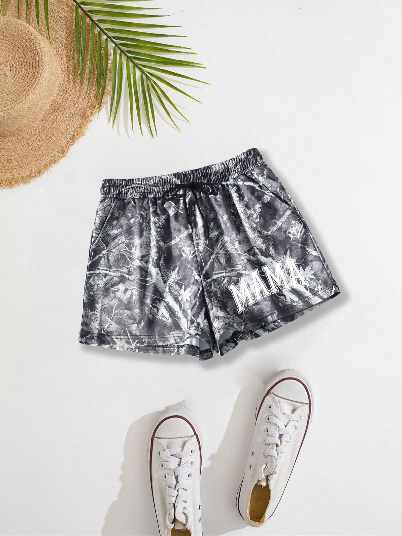 Women's Letter Print Drawstring Waist Shorts, Casual Elastic Waist Pocket Shorts for Summer, Ladies Bottoms for Daily Wear