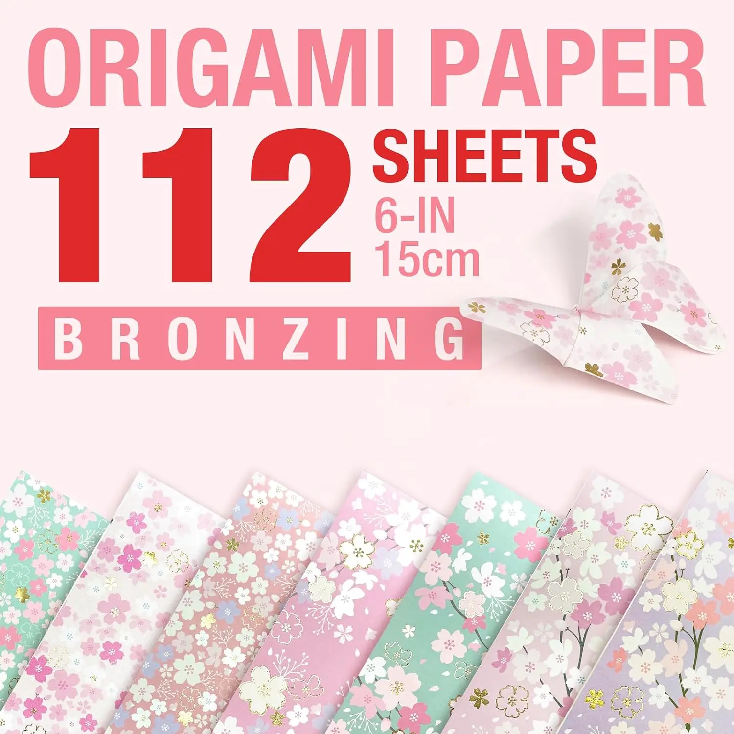 Bronzing Effect Washi Paper, 112 Sheets Heavier Odor-Free Cherry Blossom Chiyogami Origami Paper - 6" (15cm) Easy-Fold Modern DIY Craft Supplies for Beginners