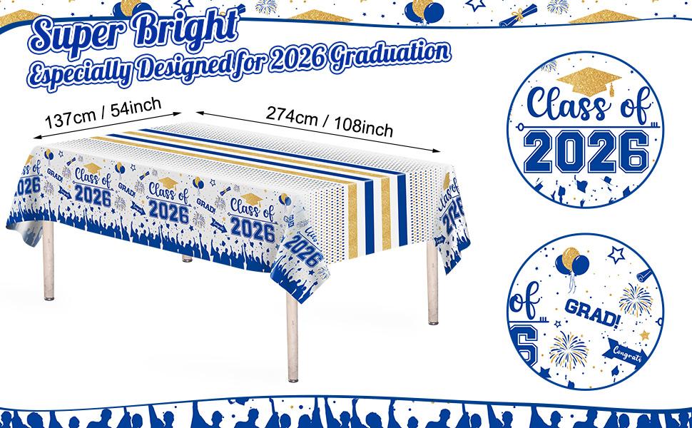 Graduation Decorations Class of 2026 Tablecloth - 3 Pcs Plastic Congrats Grad Table Cloth, Graduation Table Cover for Graduations Party Decorations 2026 and Party Supplies, 54"x108" (Blue and Gold)