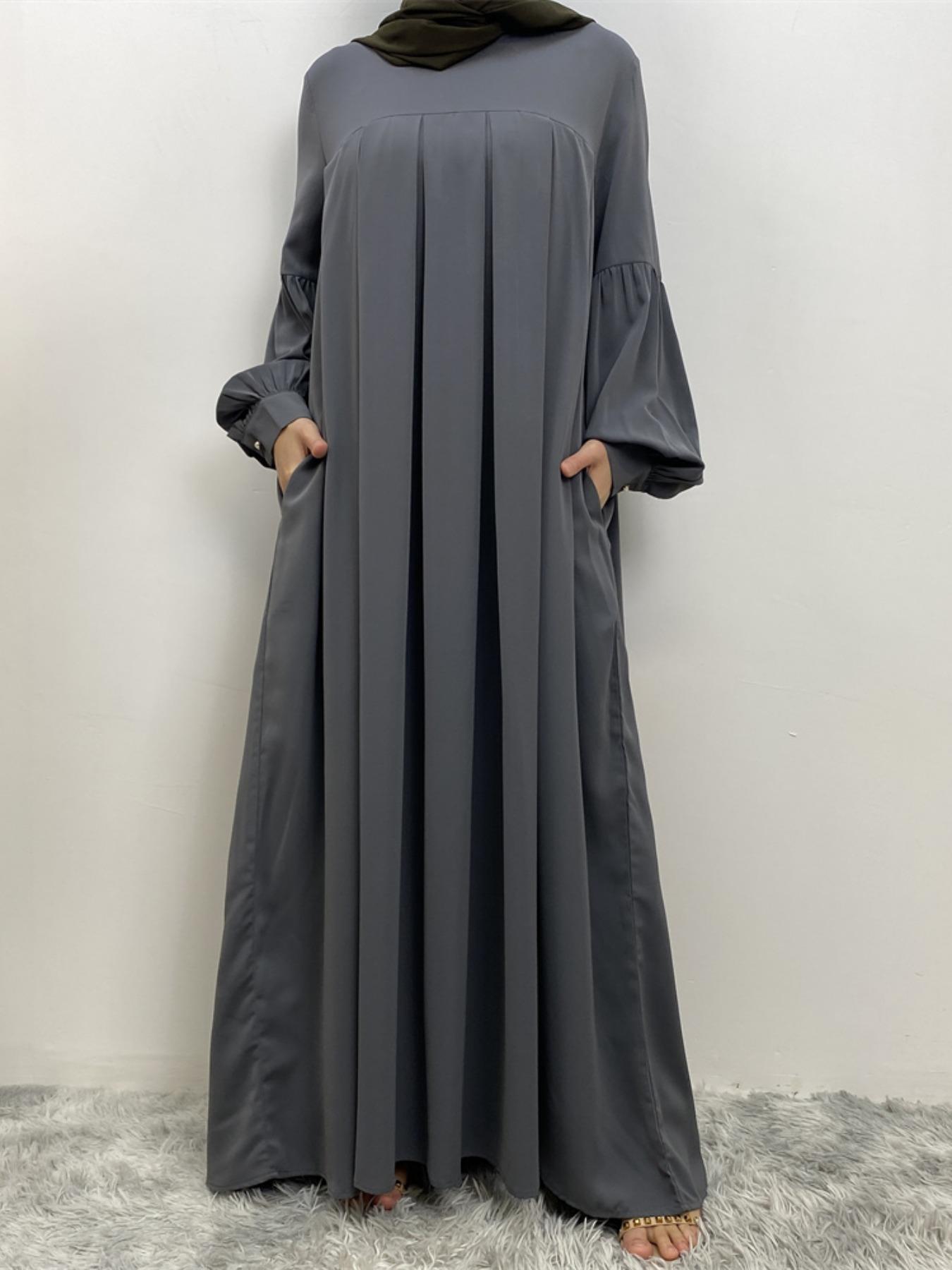 Women's Solid Lantern Sleeve Arabian Dress Without Hijab, Casual Long Sleeve Pleated Dress, Ladies Spring & Fall Clothes For Daily Wear, Summer Outfits 2024, Muslim Women Gowns