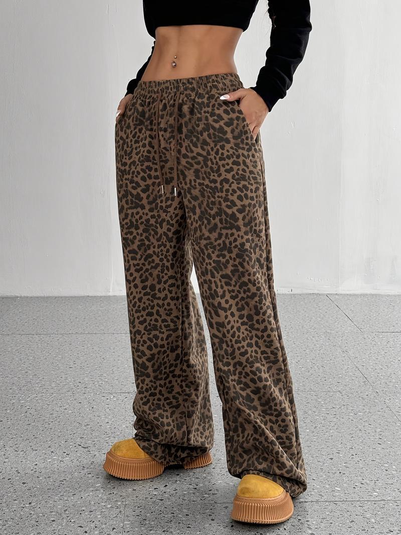 Leopard Print Drawstring Straight-Leg Pants for Women - Casual, Non-Stretch Polyester Blend, Machine Washable - for Spring/Summer/Fall