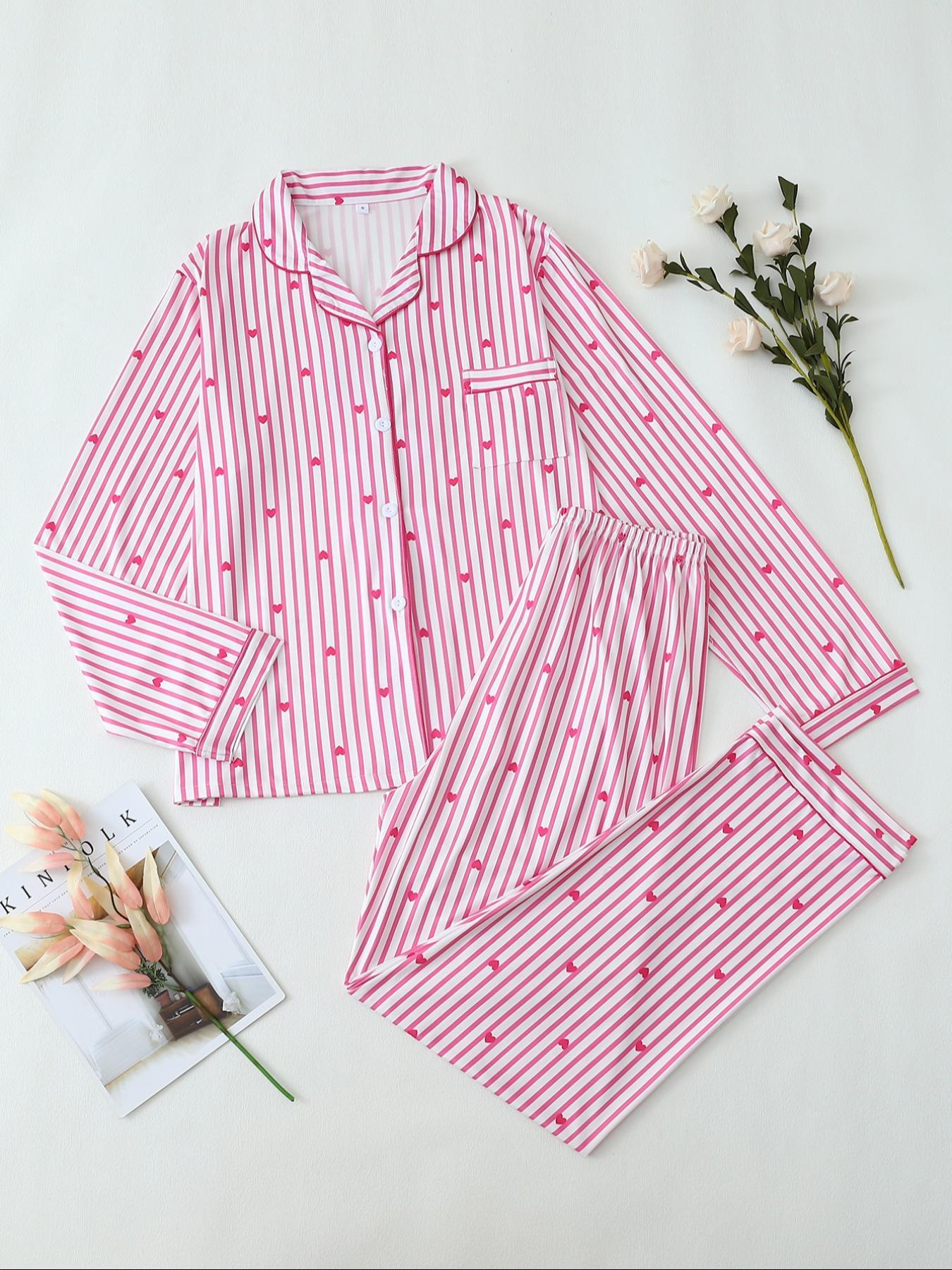 【Valentine Pajamas】Two-Piece Set Women's All Over Bow Print Button Front Shirt & Pants Pyjama, Casual Comfy Long Sleeve Lapel Neck Top & Trousers PJ Set, Women's Sleepwear for Spring & Fall