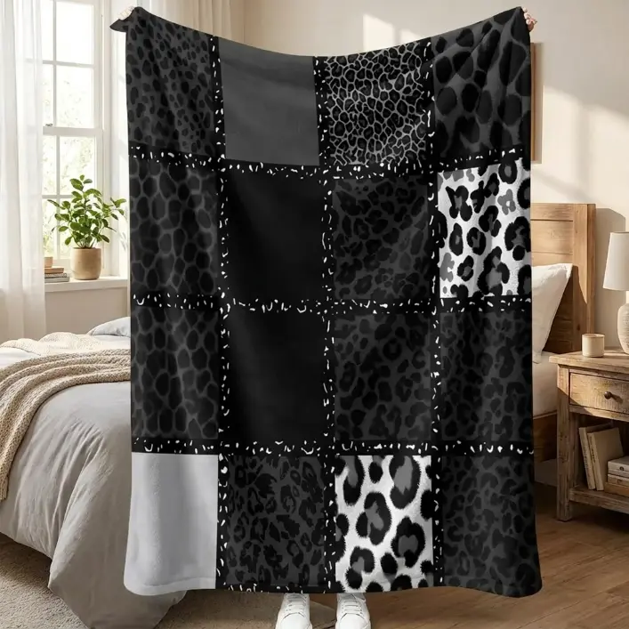 Black Grey Patchwork Leopard Flannel Blanket, Soft Flannel Lightweight Blanket for Sofa Couch Bed, All Season Cozy Home Decoration, Gift for Y2K Trend Aesthetic Lovers, Flannel Throw Blanket