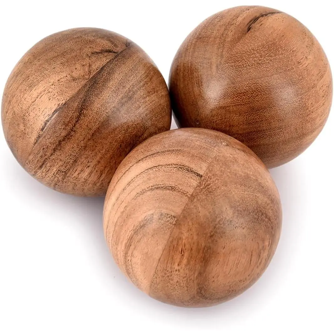 3 in Solid Round Wooden Decorative Balls - Natural Look Acacia Wood Pieces, Ideal for Classic Decor Bowl Fillers, Table Centerpieces