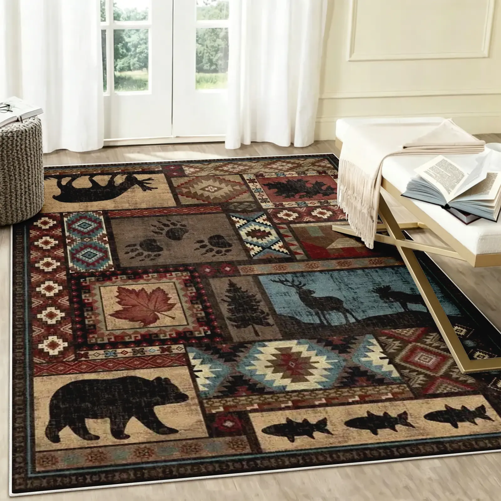 Machine Washable Large Rustic Lodge Style carpet , Vintage Western Living Room Decor Rug, Suitable for Living Room, Bedroom, Dining Room, Non‑Slip, Stain‑Resistant & Soft, Ideal for Country Cabin Homes Cozy Area Rug Cottage Area Rug Low Pile Rugs
