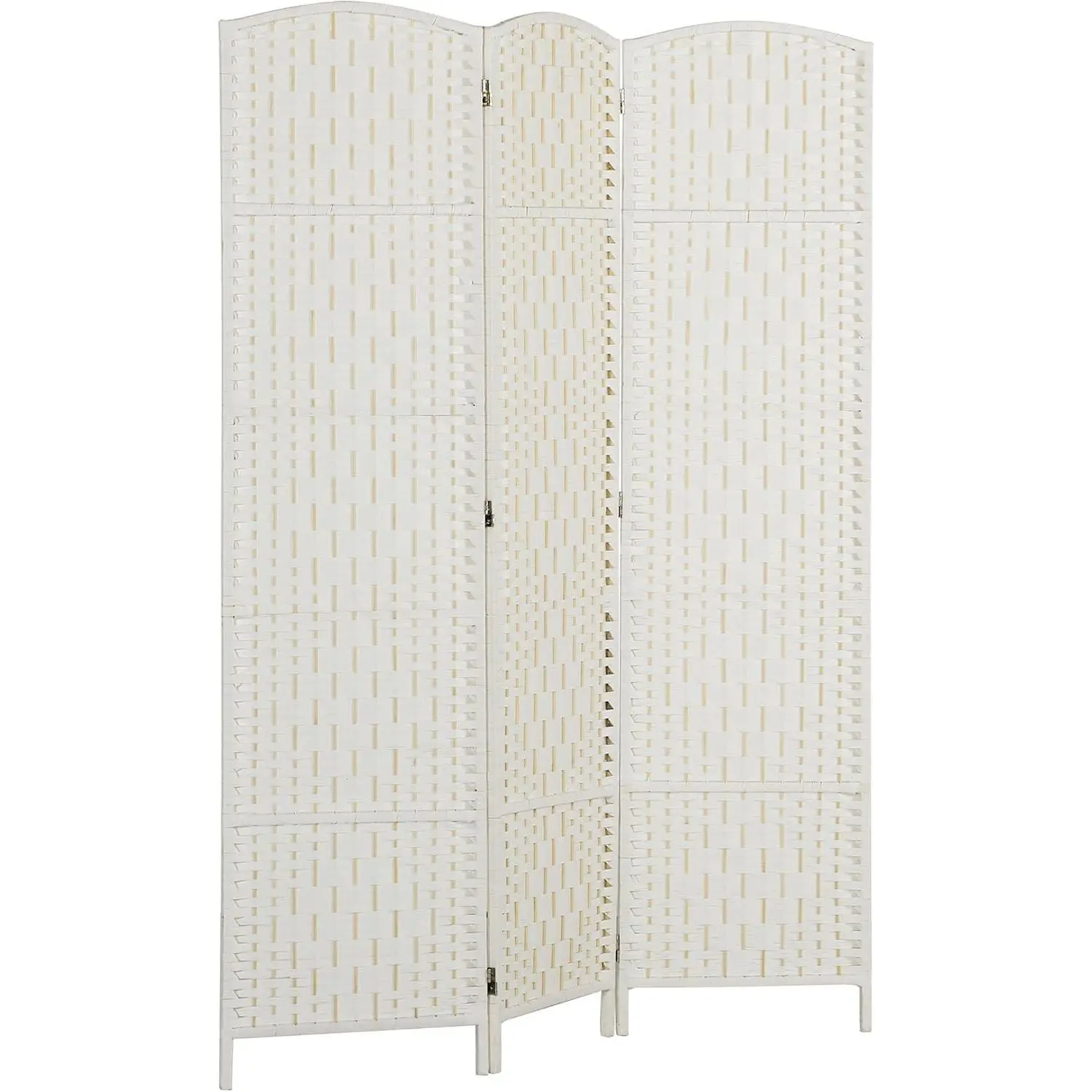 White 3-Panel 6FT-Tall Folding Privacy Room Divider, Freestanding Partition with Hand-Woven Paper Rope Diamond Weave, 360° Hinged Panels for Room Separation