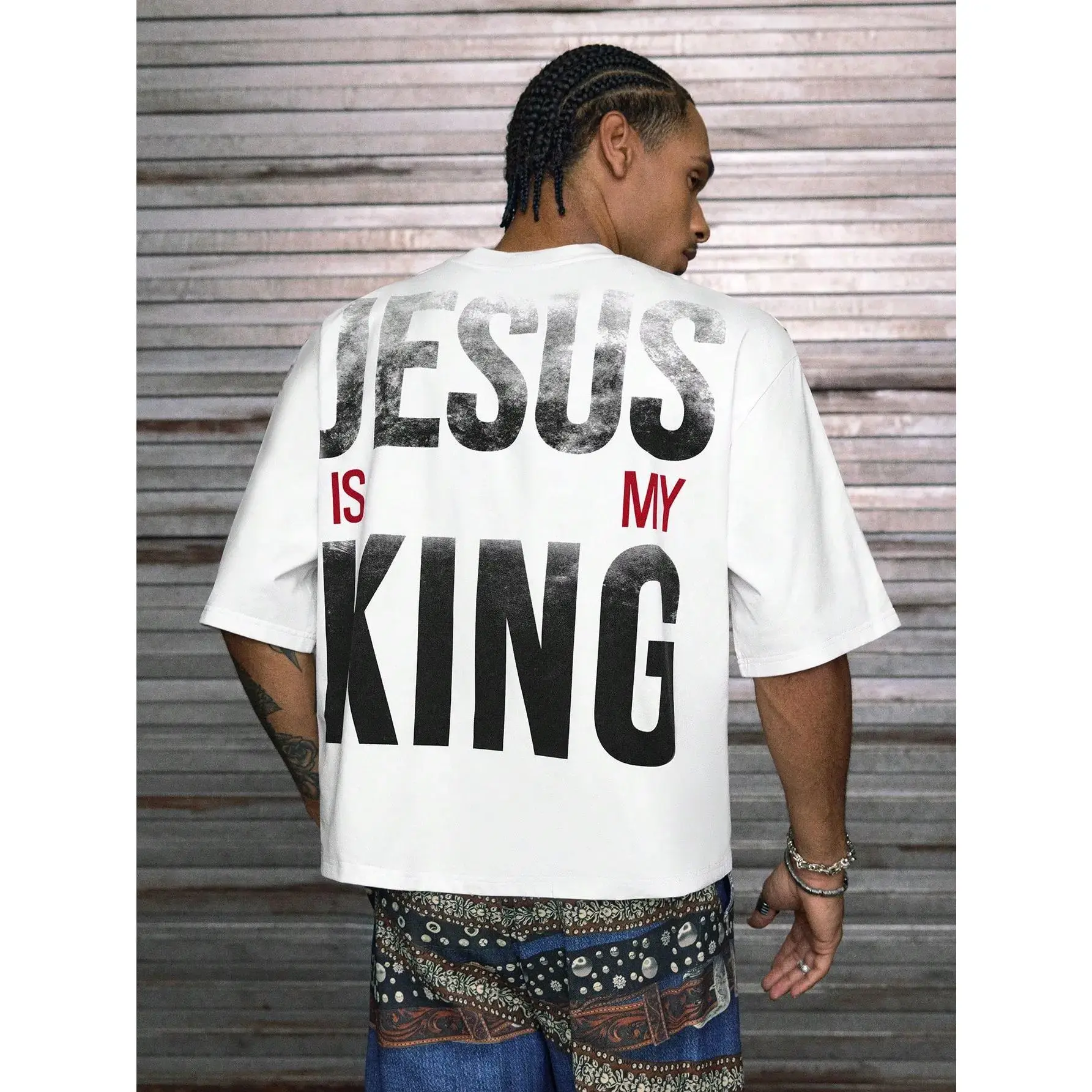 Jesus Is My King Big Back Letter Vintage Graphic Oversized Comfort Cotton T-Shirt, Religious Faith Streetwear Fashion Outfit, Warm Valentine Gift For Christian Men Believers Friends