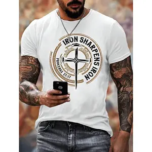 Plus-Size Men's Religious Cotton  T-Shirt, Iron Sharpens Iron, Proverbs 27:17, JESUS, God Christian Church Shirt - 100% Cotton, Spring/Summer/Fall, Oversize, Men's Fashion Short-Sleeved Shirt, Graphic Tee
