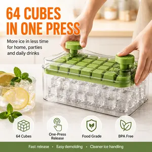 64-Cube Press Ice Cube Maker, One-Press Release Ice Tray with Storage Bin, Food-Grade BPA-Free Freezer Ice Mold Container for Cocktails, Juice, Coffee, Parties, Home Bar and Daily Drinks