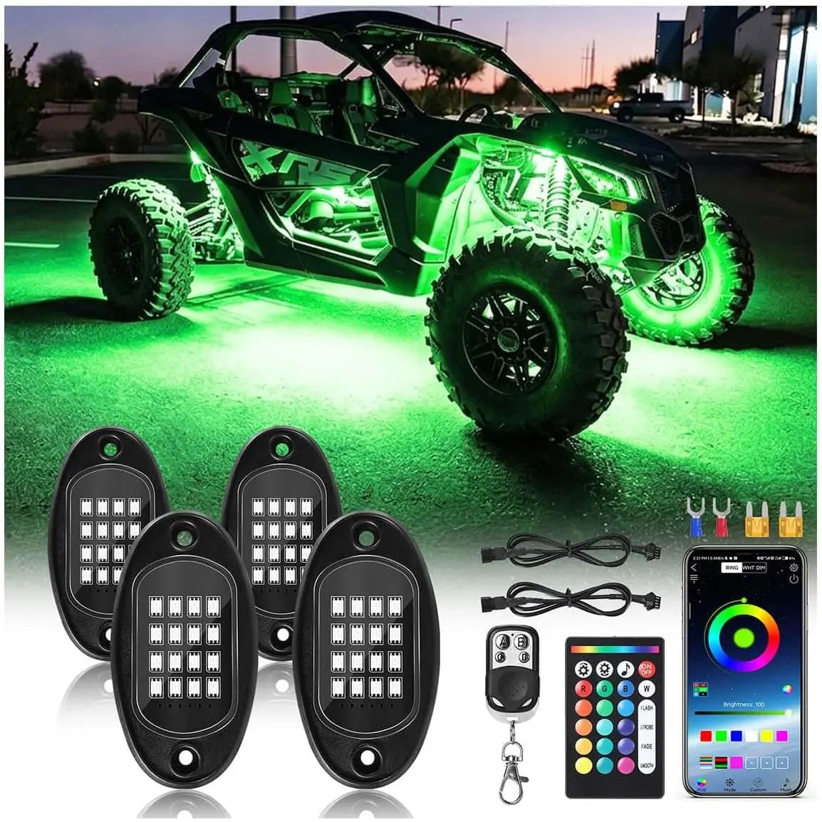 4Pods RGB LED Rock Lights Kit Multicolor Underglow Accent Lights | APP/ Remote Controlled, Colorful Flashing  Sync  Wheel Well Light 12V for ATV UTV SXS RZR Can-Am 4 Wheeler