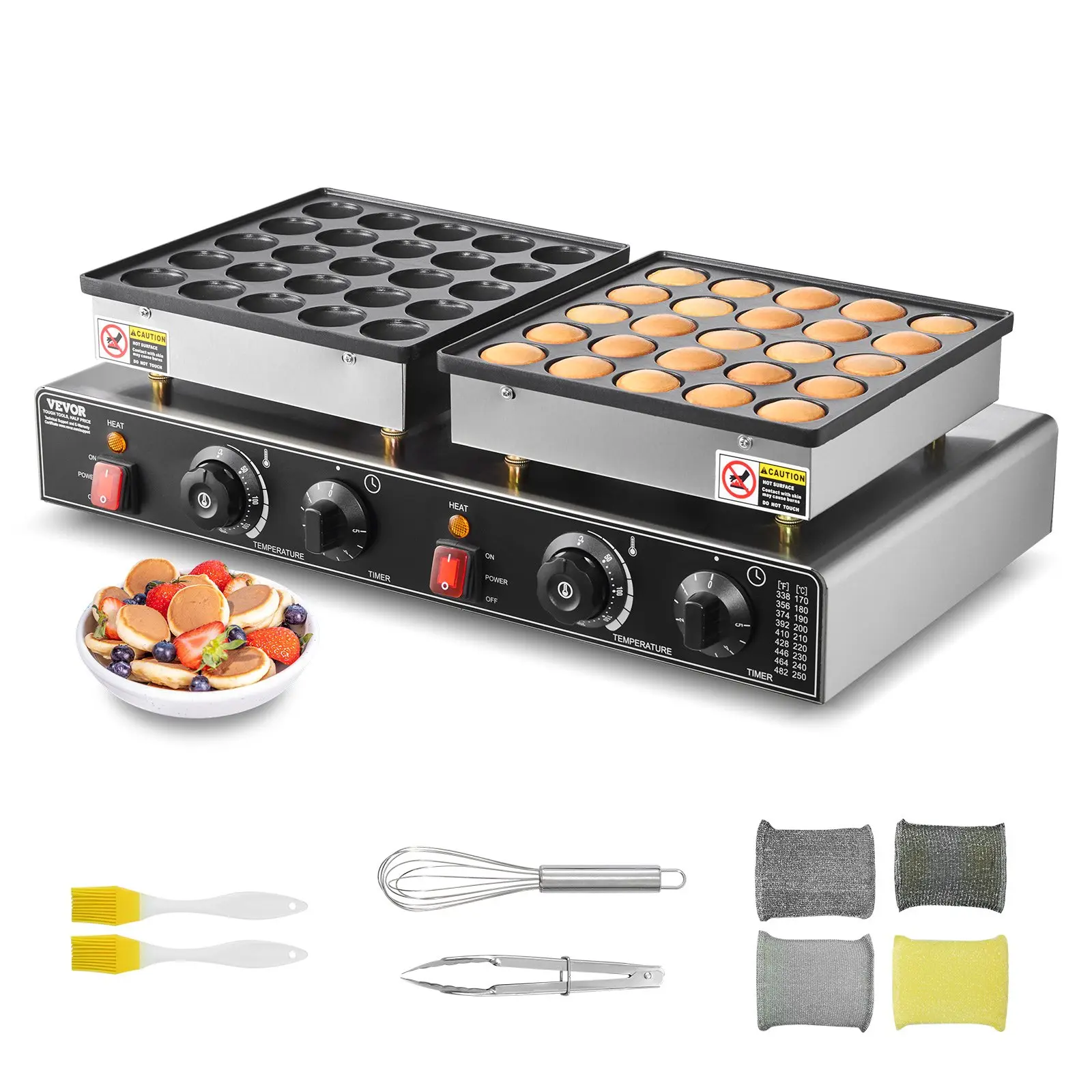 VEVOR 50PCS Dual Plate Mini Dutch Pancake Maker, Non-stick Stainless Steel Dorayaki Baker, 1800W Commercial Electric Poffertjes Grill Pan, Dual Temp-Time Control, for Kitchen Breakfast Dessert