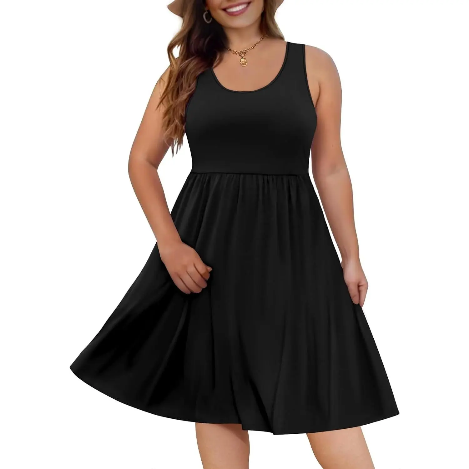 Women's 2026 Plus-Size Casual Rayon Tank Dress - Sleeveless, Crew Neck, Knee-Length Sundress with Pockets, Elastic Fit, Stretchy, Breathable