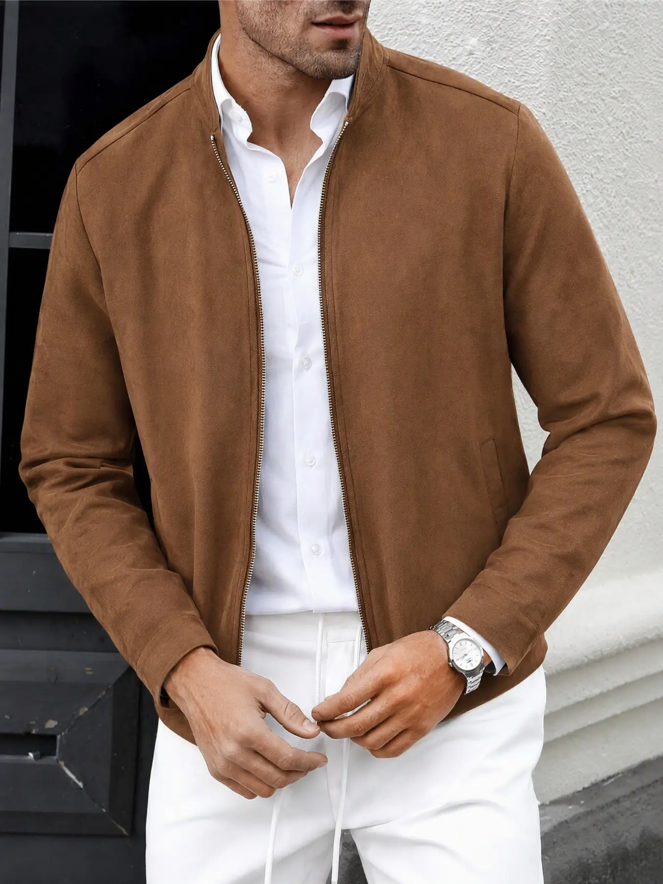 Men's Plain Stand Collar Full Zip Suede Jacket, Lightweight Business Casual Long Sleeve Coat, Fitted H-Type Design, No Padding