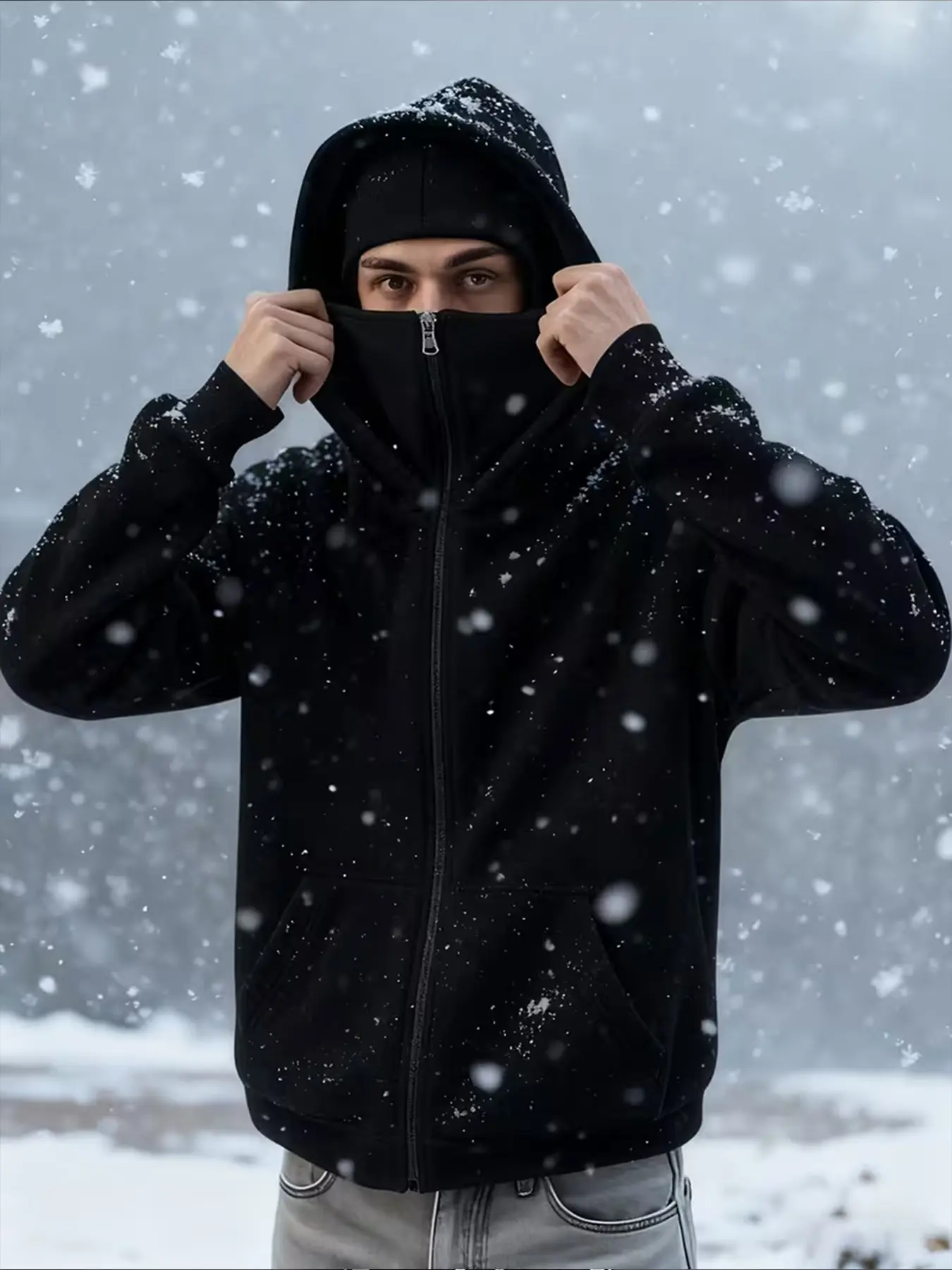 Men Women Dark Techwear Oversized Zip Up Hoodie Heavy Thick Warm Fleece Solid Black Integrated Balaclava Full Face Mask With Metal Zipper Drop Shoulder Kangaroo Pocket Loose Sweat Jacket For Snow Outdoor Skate Winter Daily Wear 2026 Trendy #balaclavazipho