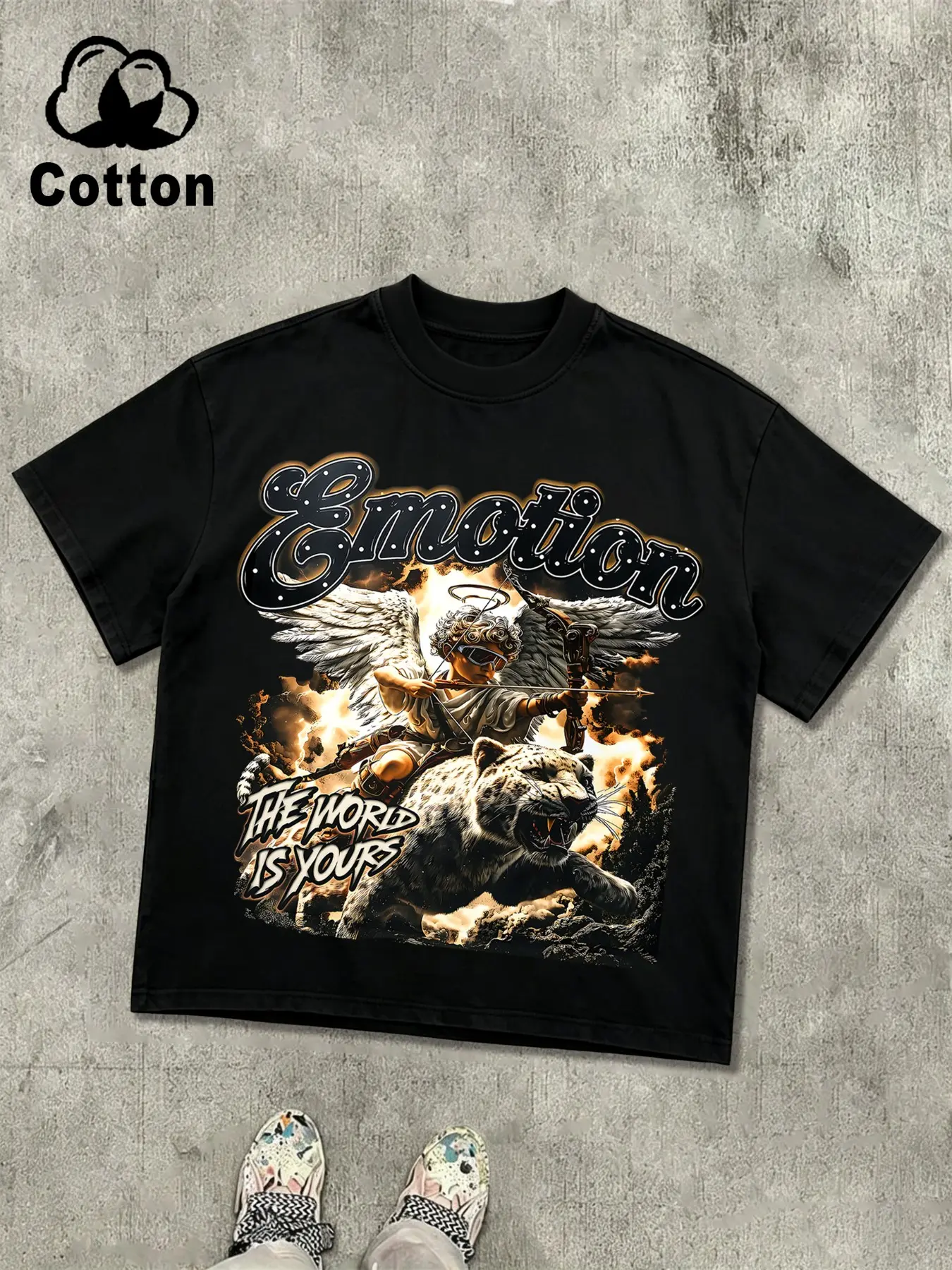 Unisex Cool Casual Streetwear Short Sleeve T-Shirt, Graphic Angel Print Top, Breathable Cotton Fabric, High-Street Theme, Daily Fashion Luxury Look