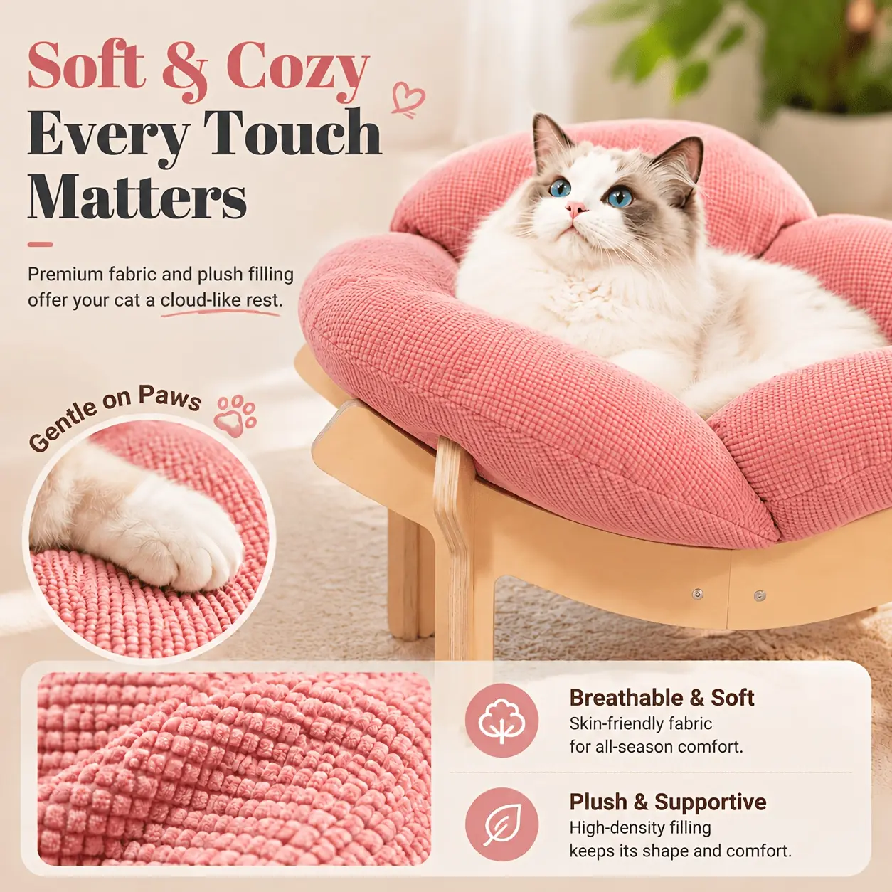Elevated Cat Nest - Cozy Kitten Condo, Kitty Condo, Aesthetic Petal Pet Sofa, with high-quality seat cushions, wooden dog lounge chair, suitable for cats and puppies, stable support, skin-friendly washable pet furniture, sage green, navy blue, pink, gray