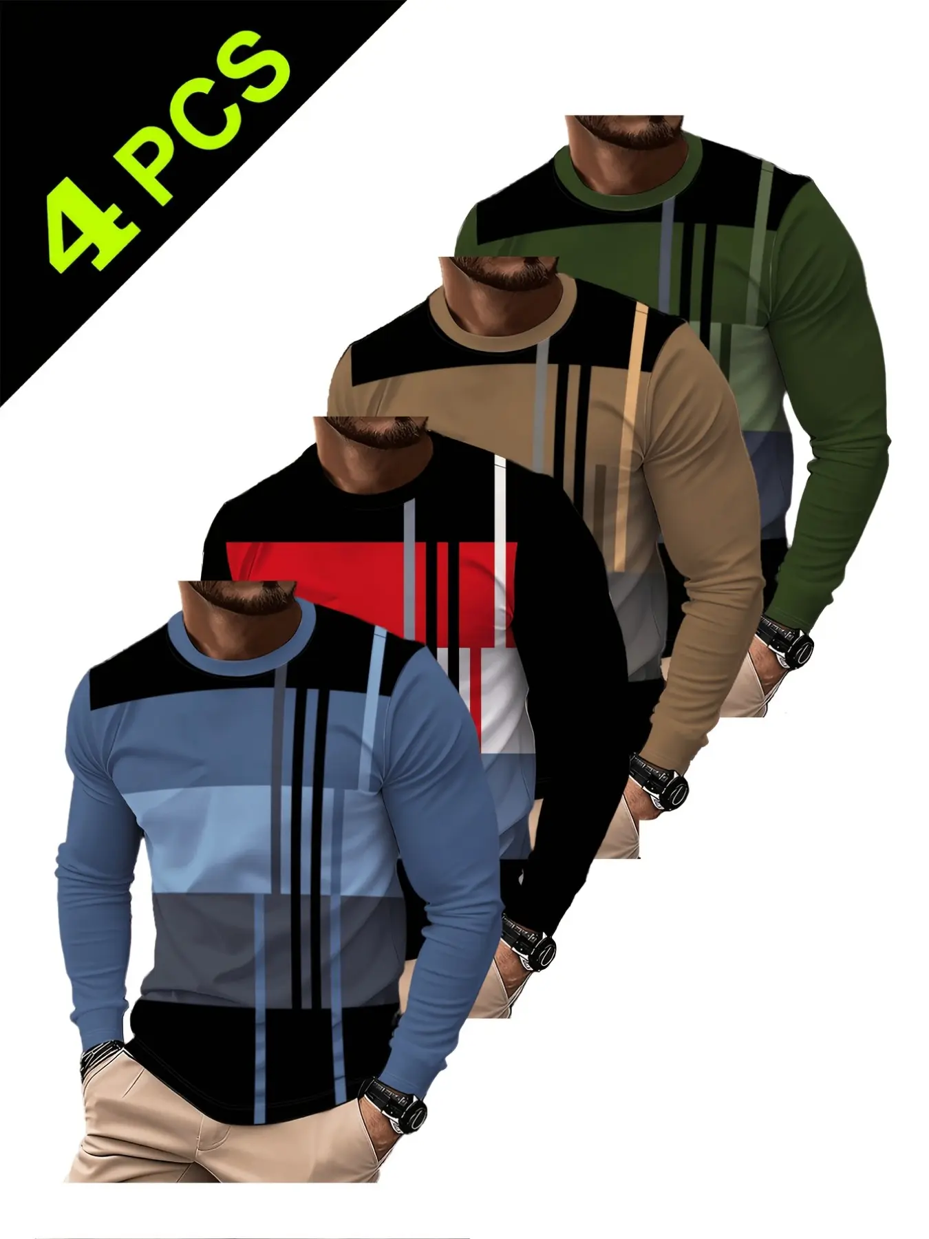 4-Pack Men's Round Neck Long Sleeve T-Shirts, Multi-Color Patchwork, Chest Letter Print, Soft Fabric, Casual Fit, Spring & Fall Wear