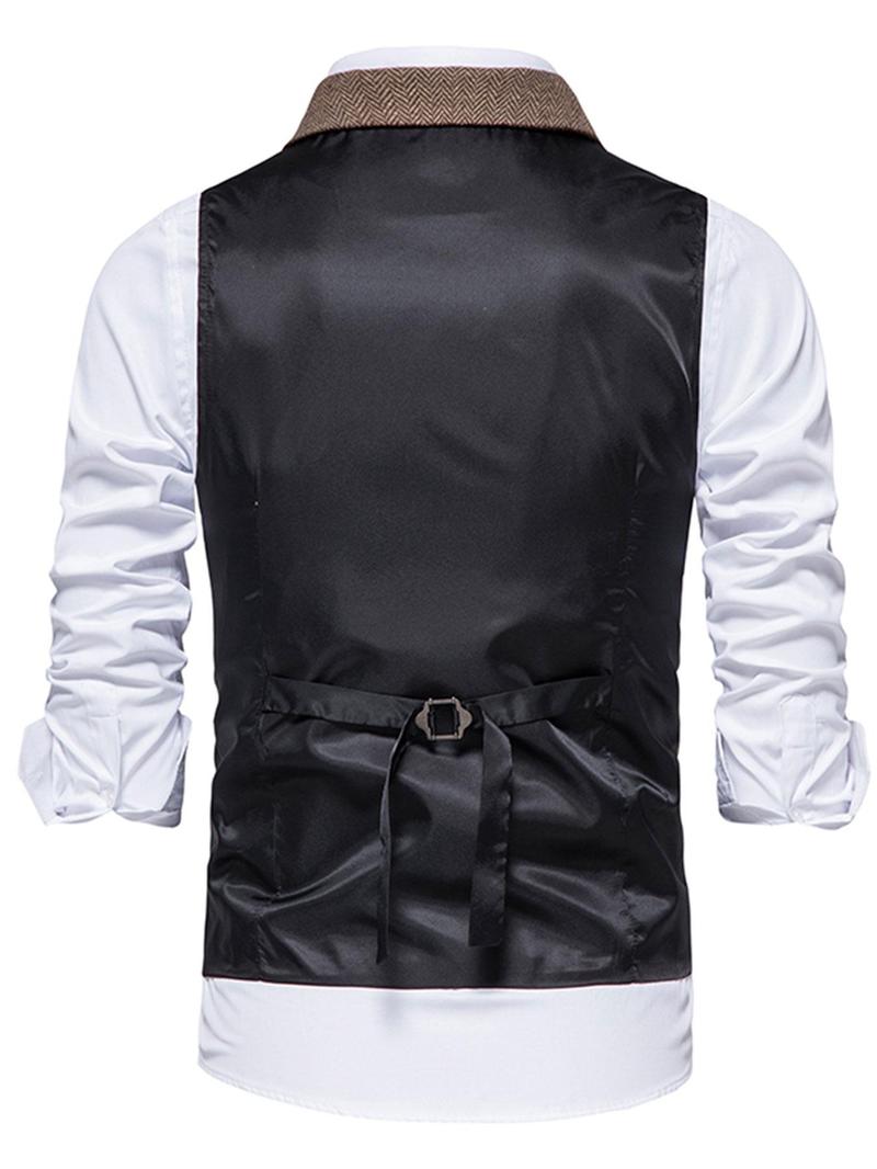 Men's Solid Button Front Pocket Suit Vest, Regular Fit Casual Formal Lapel Sleeveless Suit Vest for Work Office Business, Men's Clothes for All Seasons