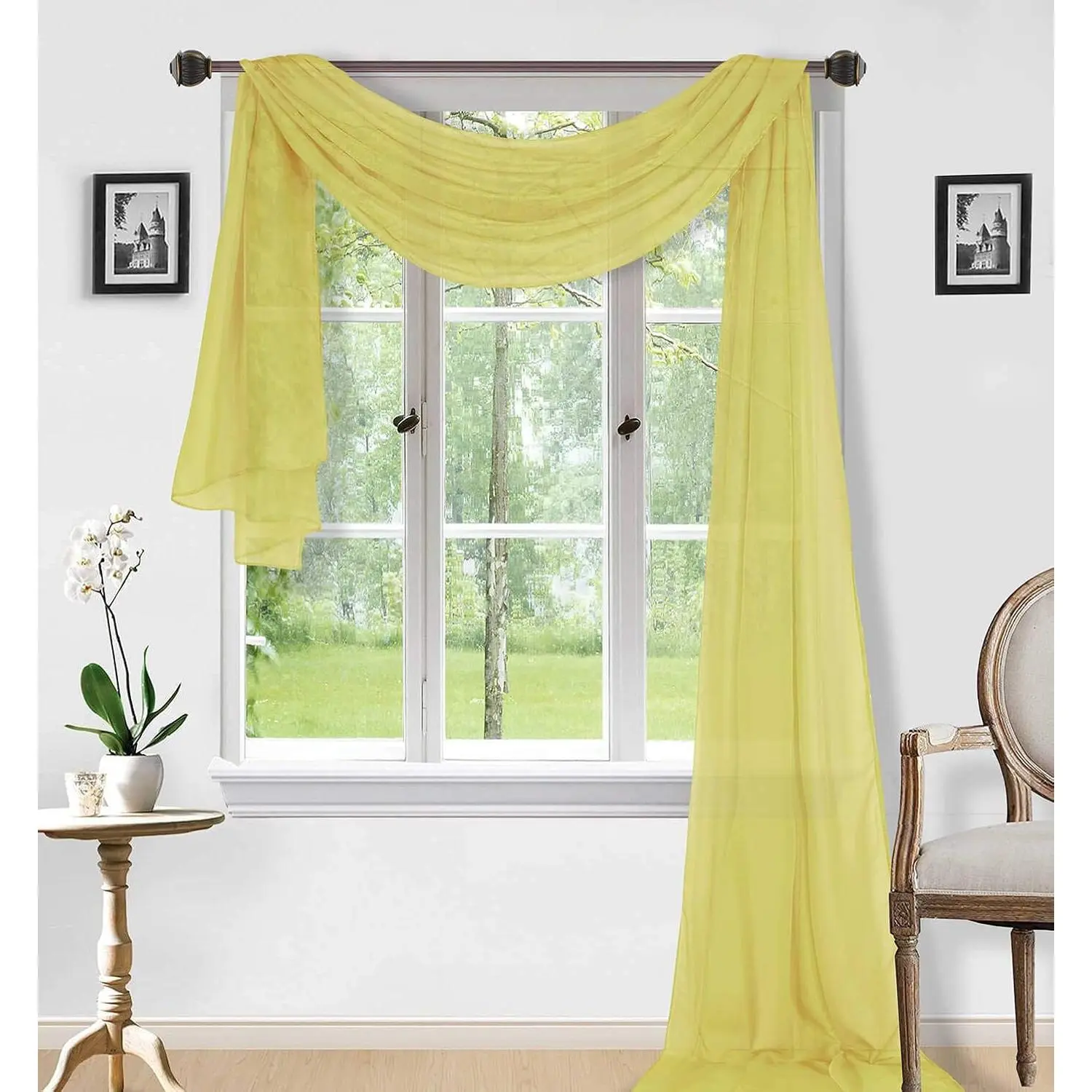 Window Scarf Valance Curtains - Extra Long Sheer Valances for Windows - Voile Swag Curtains for Living Room, Kitchen, and Bedroom Decor, Weddings, Events - 54" x 216" - 1 count - Yellow