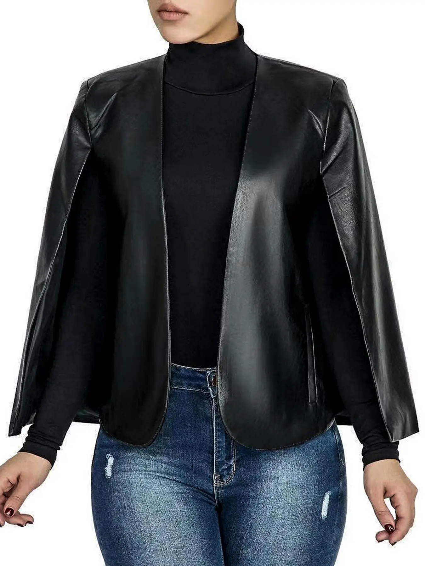 Women’s Solid-Color PU Leather Cape Blazer with Pockets, Open-Front Design and Split Cape Sleeves, Casual Outerwear for Fall and Winter, Womenswear