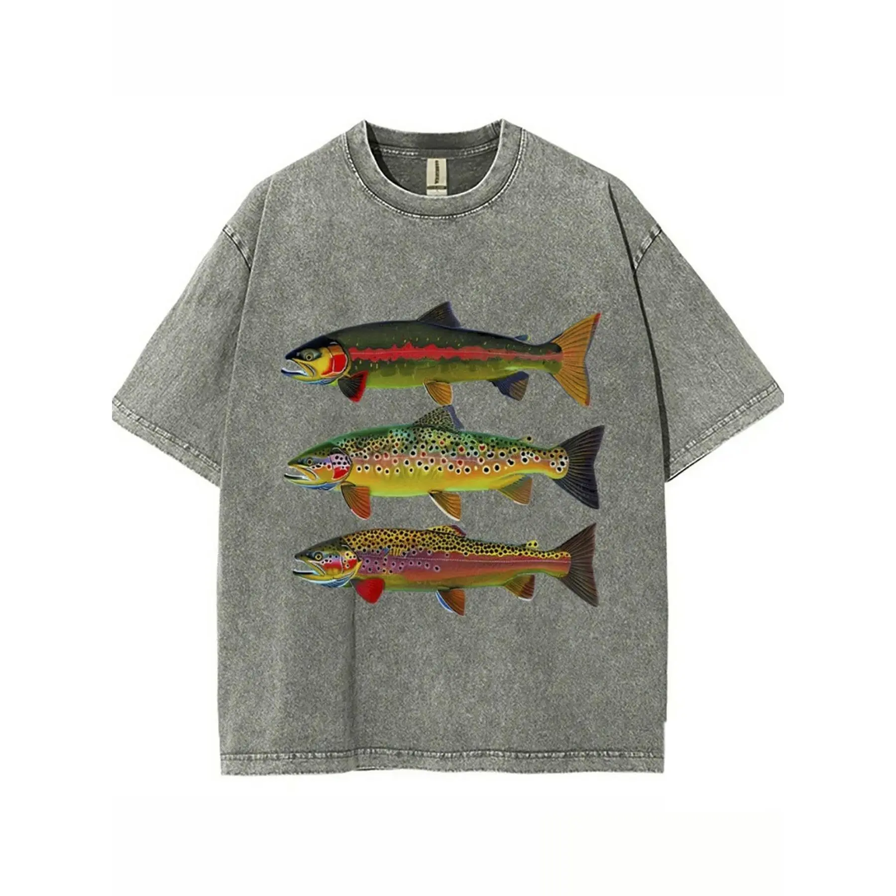 Vintage Wash Trout Fish Graphic Tee Acid Wash Aesthetic Heavyweight Premium Cotton Tshirt Front Print Retro Fishing Slogan Letter T Shirt Women Short Sleeve Crewneck Top Best Gift Men Loose Casual Top Oversized Trendy