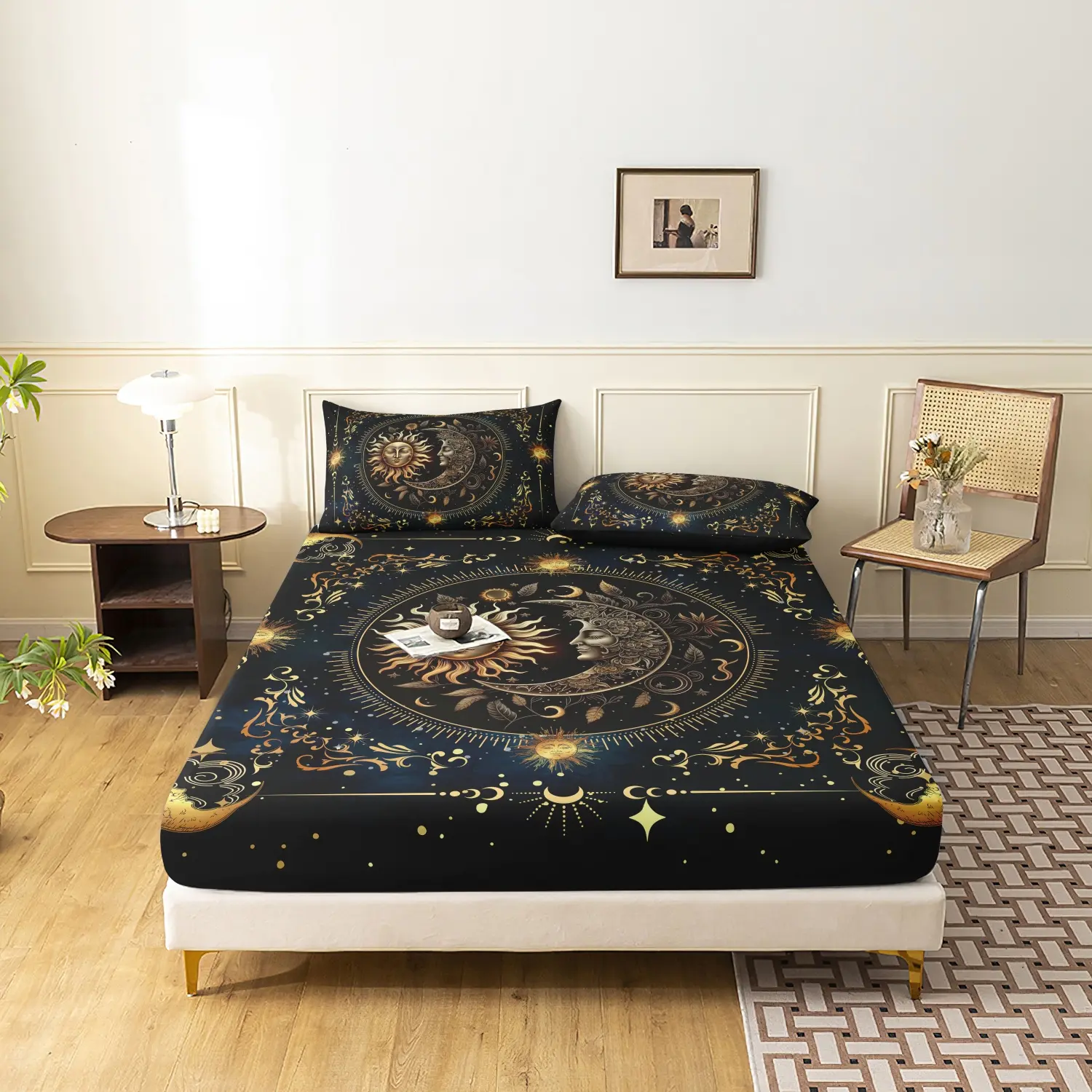 3 Pieces Vintage Golden Sun Moon Fitted Sheet Set, Dark Starry Sky Celestial Star Floral Ornament Printed Bedding, Soft Microfiber  Bohemia Bedding For Bedroom Home Decoration, Multiple Sizes Available (1 Fitted Sheet + 2 Pillowcases, No Pillow)