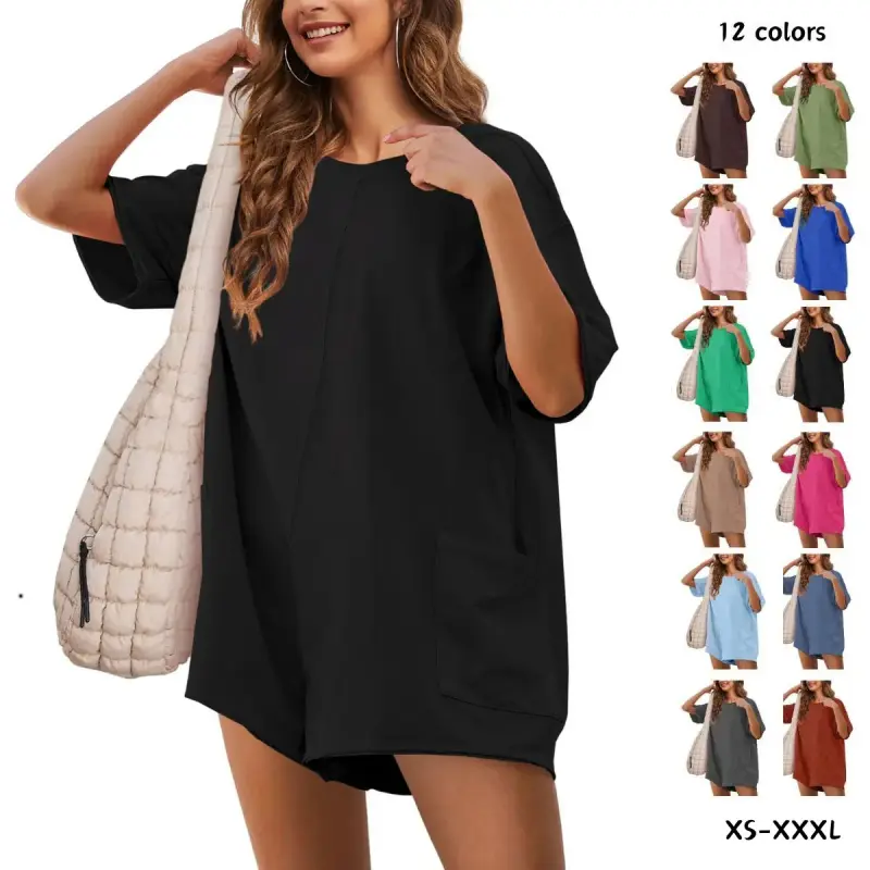 Women's Reversible Romper, Casual Stretch Cotton Jumpsuit with Pockets, Short Sleeve Loose Fit Workout Shorts for Summer, Lady, Basic, Fashion, Wide Leg, Plain, Workout Romper, Wide Leg Shorts