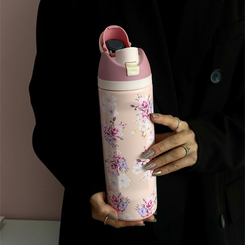 Floral Pattern Vacuum Flask, 1 Count Portable Water Bottle with Straw, Drinking Cup for Home Office School Outdoor Camping, Tumbler with Lid, Drinkware