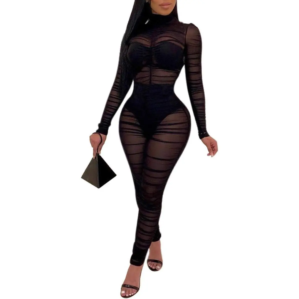 Women One Piece Outfits Mesh Sheer Bodycon Jumpsuit Long Sleeve See Through Party Club Outfits for Women