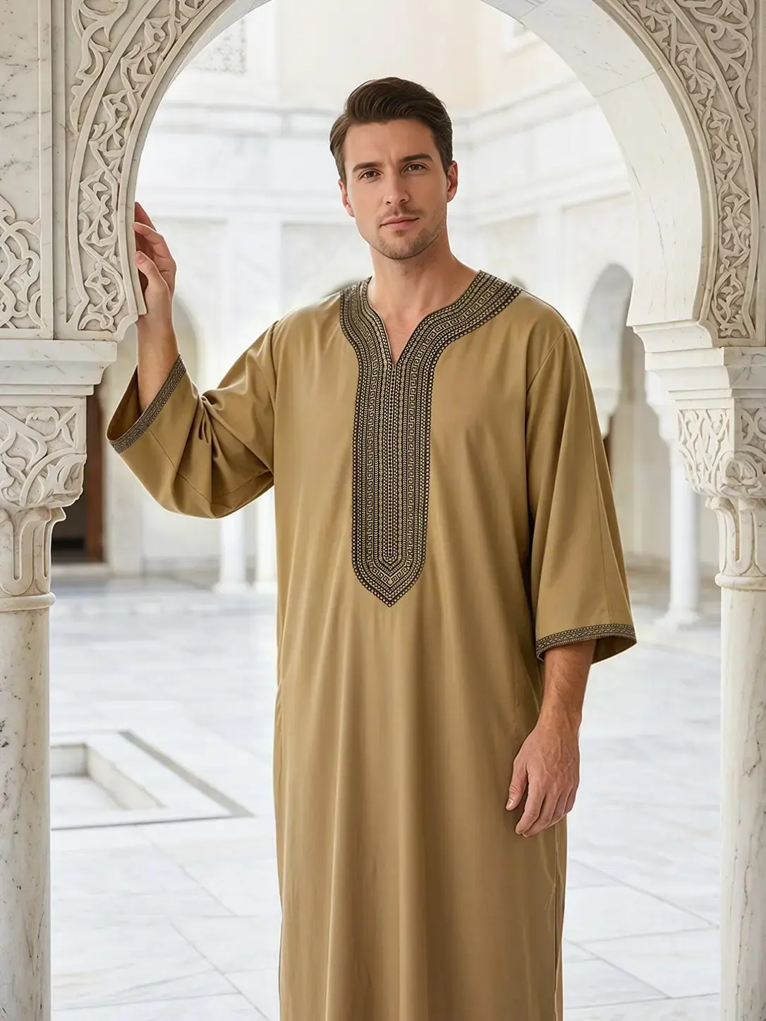 Moroccan Traditional Men's V-Neck Embroidered Long Robe Jubbah, Traditional Arabic Robe, Moroccan Thobe, Loose-Fitting 3/4 Sleeve, Wedding Festival Wear, Gift Idea