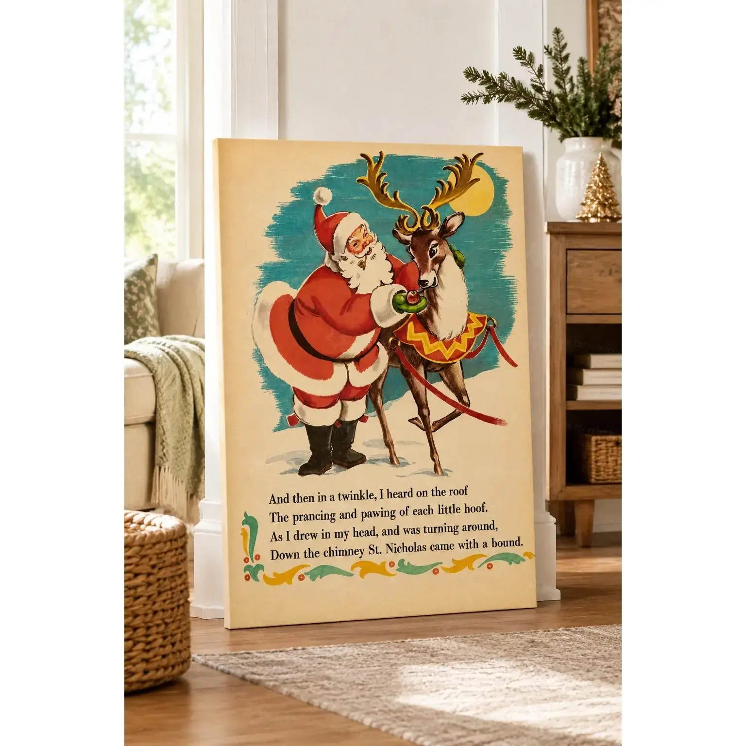 Vintage Santa Claus Poster - Traditional Christmas Decoration with Santa Jumping Down Chimney, Waterproof Canvas Print for Indoor/Outdoor - Holiday Wall Art Decor for Living Room, Bedroom, Office - Nostalgic Christmas Poster, Pastel Christmas Decor