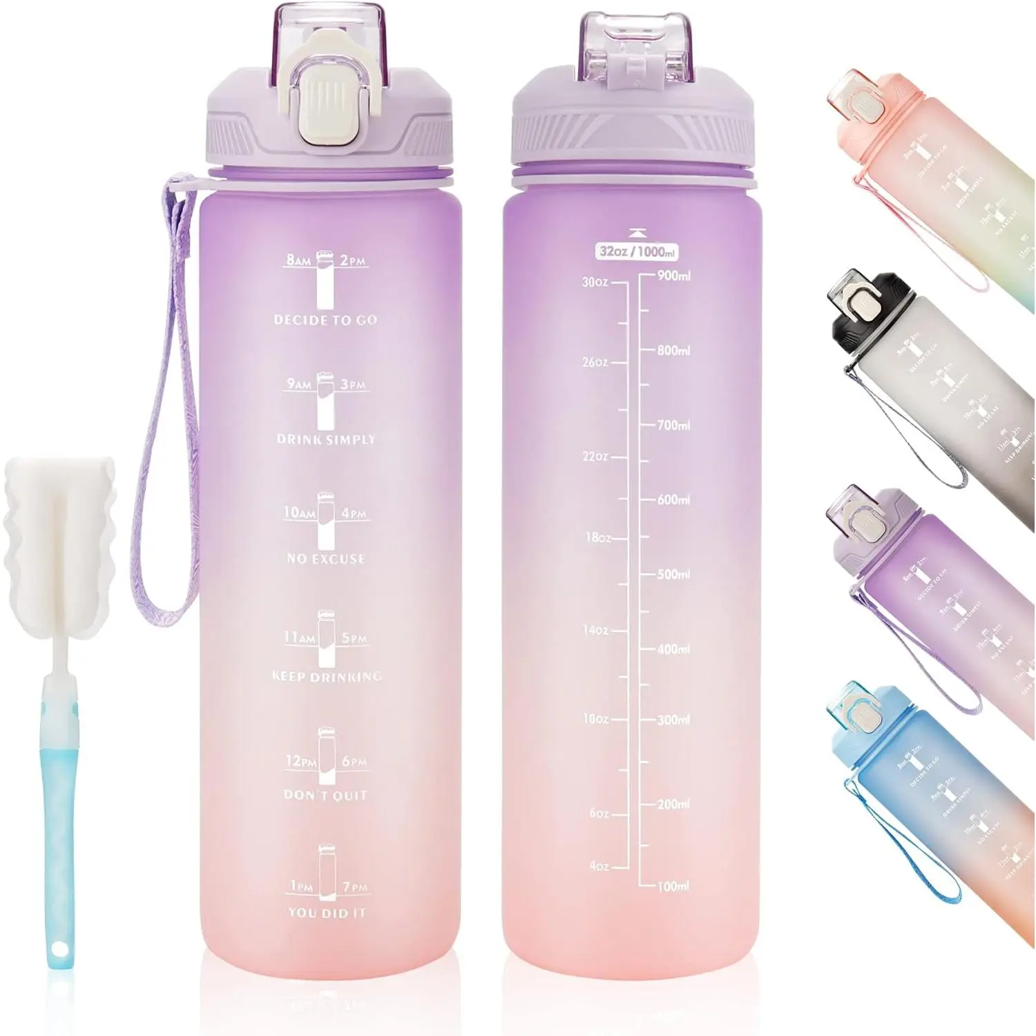 Motivational Water Bottle with Time Marker- 32oz Water Bottles with Times to Drink, Leakproof & BPA Free Sports Water Bottle with Straw & Carry Strap  ness, Gym, and Outdoor Sports