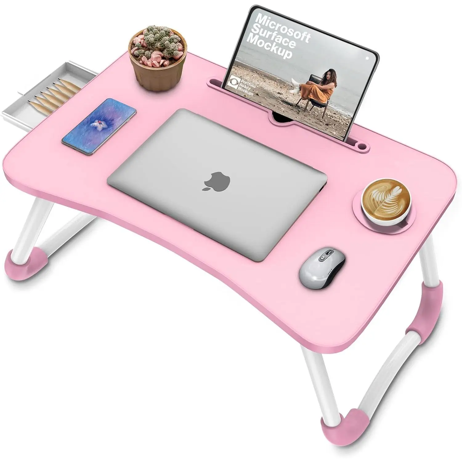 Multi-Function Laptop Bed Table with Storage Drawer and Cup Holder, Lap Desk Stand Tray for Eating, Reading and Working