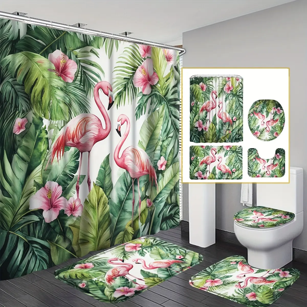 4-Piece flamingo flower shower curtain boho set, decorative home bathroom set, waterproof shower curtain with 12 hooks, non-slip bathroom carpet, toilet U-shaped pad, toilet cover pad, perfect to create a home bathroom atmosphere